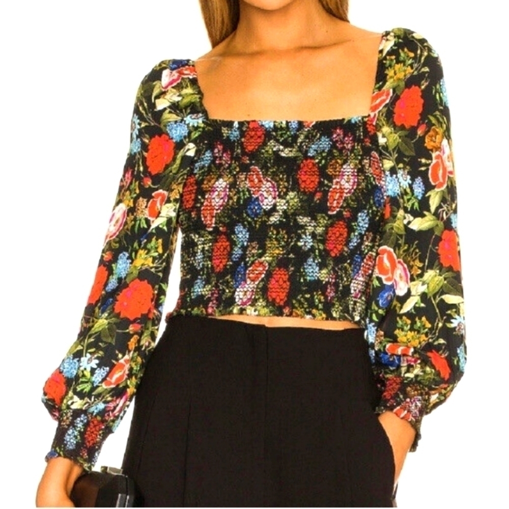 Alice + Olivia Cooper Smocked floral print cropped romantic  Top